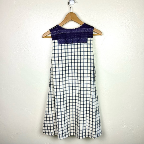 Madewell Blue White Linen Blend Plaid Shift Dress Embroidered Neck - Picture 4 of 5